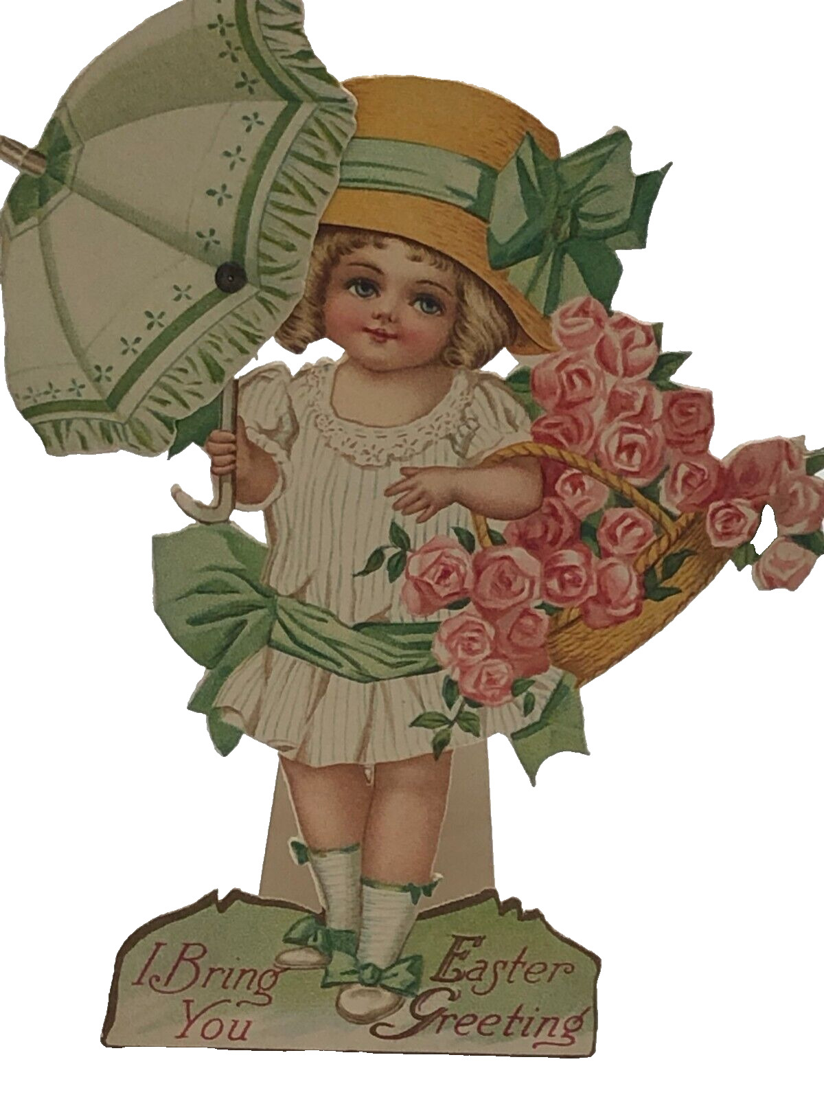 Antique Tuck and Sons Easter Greeting Card Girl With Umbrella Mechanical-Germany