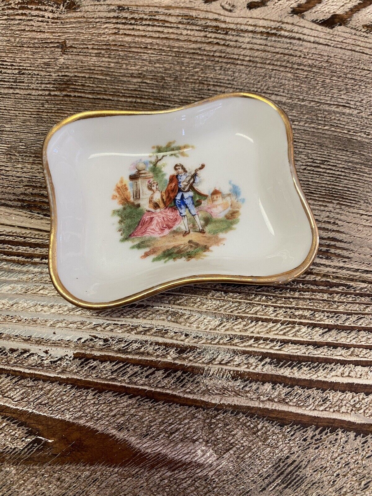 Vintage Limoges Porcelain Trinket Dish Gold Rim Romance Couple Love
