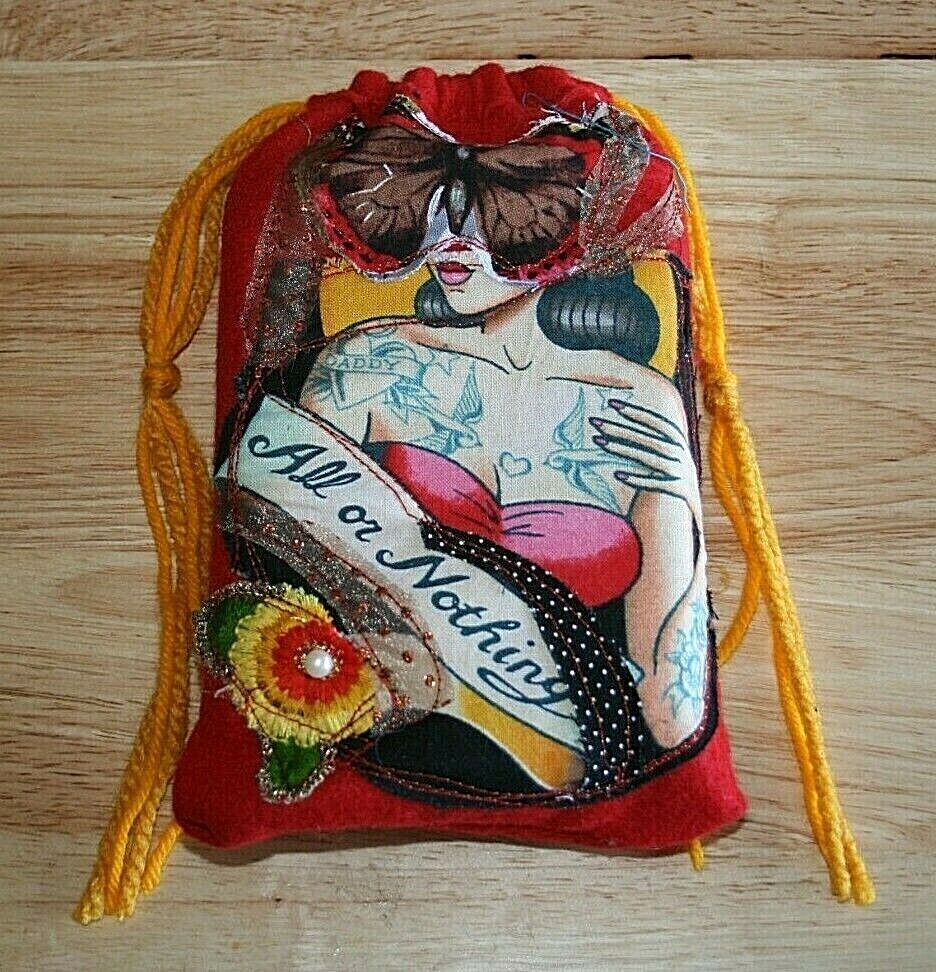 Tattooed Butterfly Woman Hearts Birds Felt Tarot Card Bag Handmade USA  OOAK