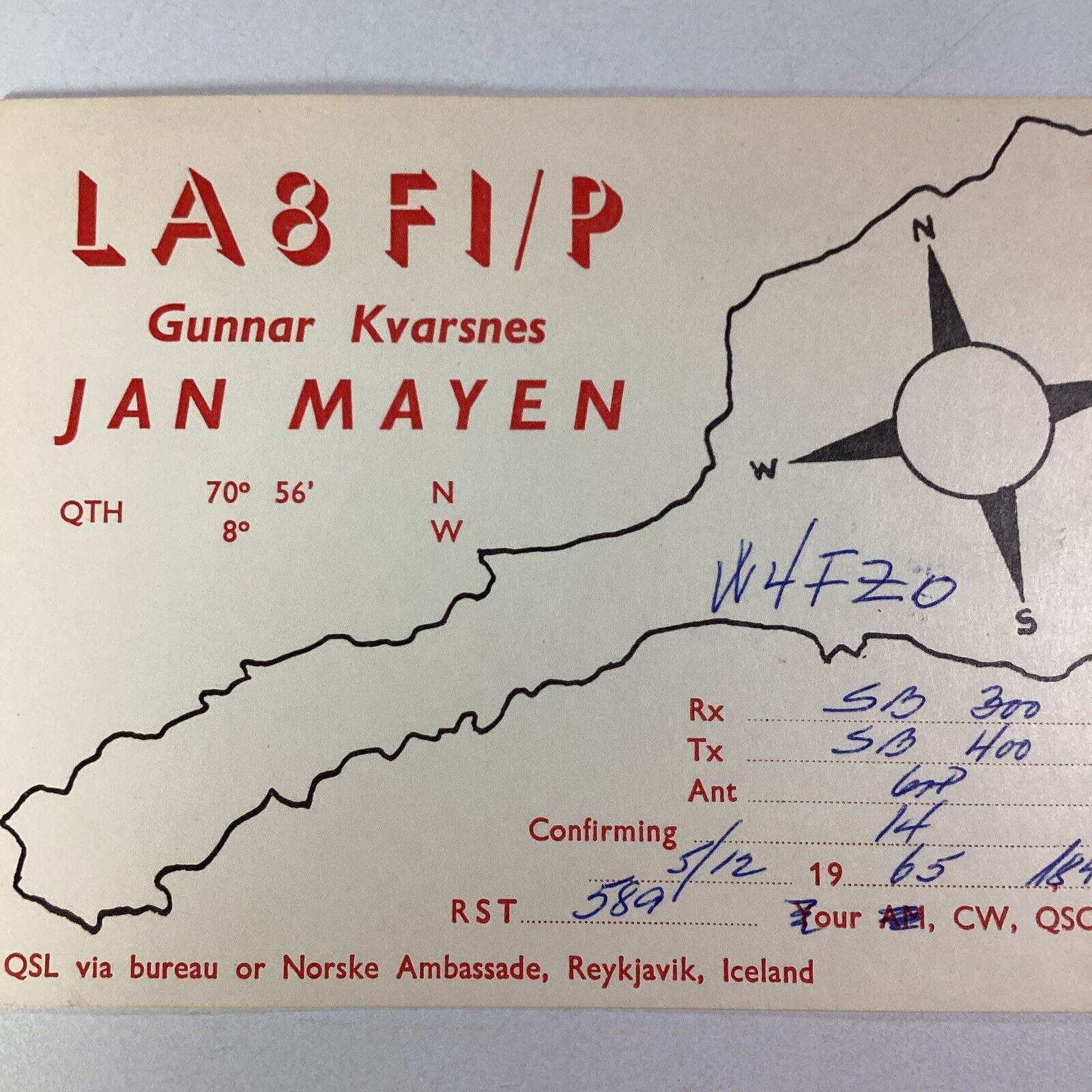 Iceland QSL Radio Card 1965 Jan Mayen Gunnar Kvarnes