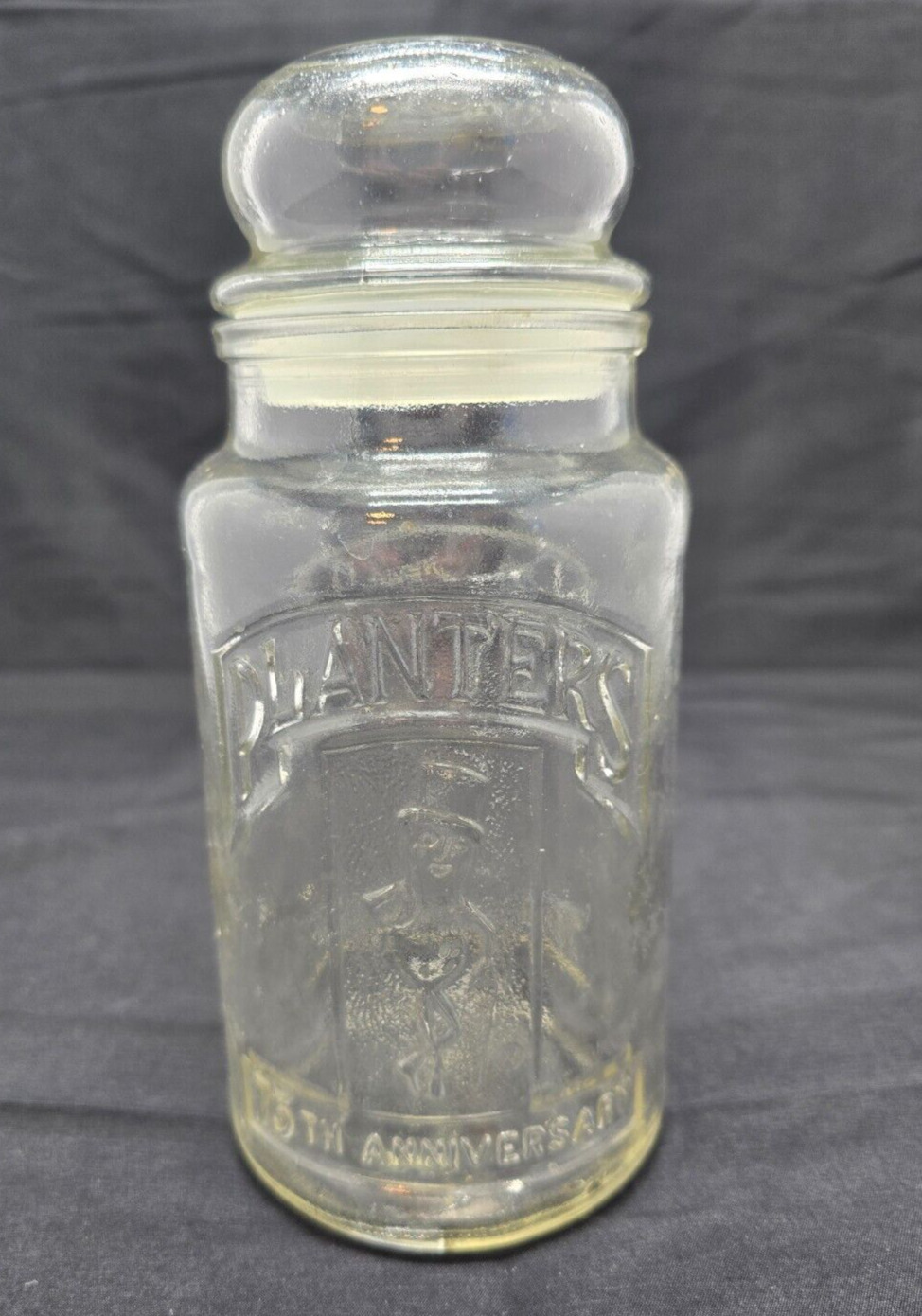 Vintage ~ Planters Peanuts 75th Anniversary Glass Jar w/ Lid ~ 1906-1981
