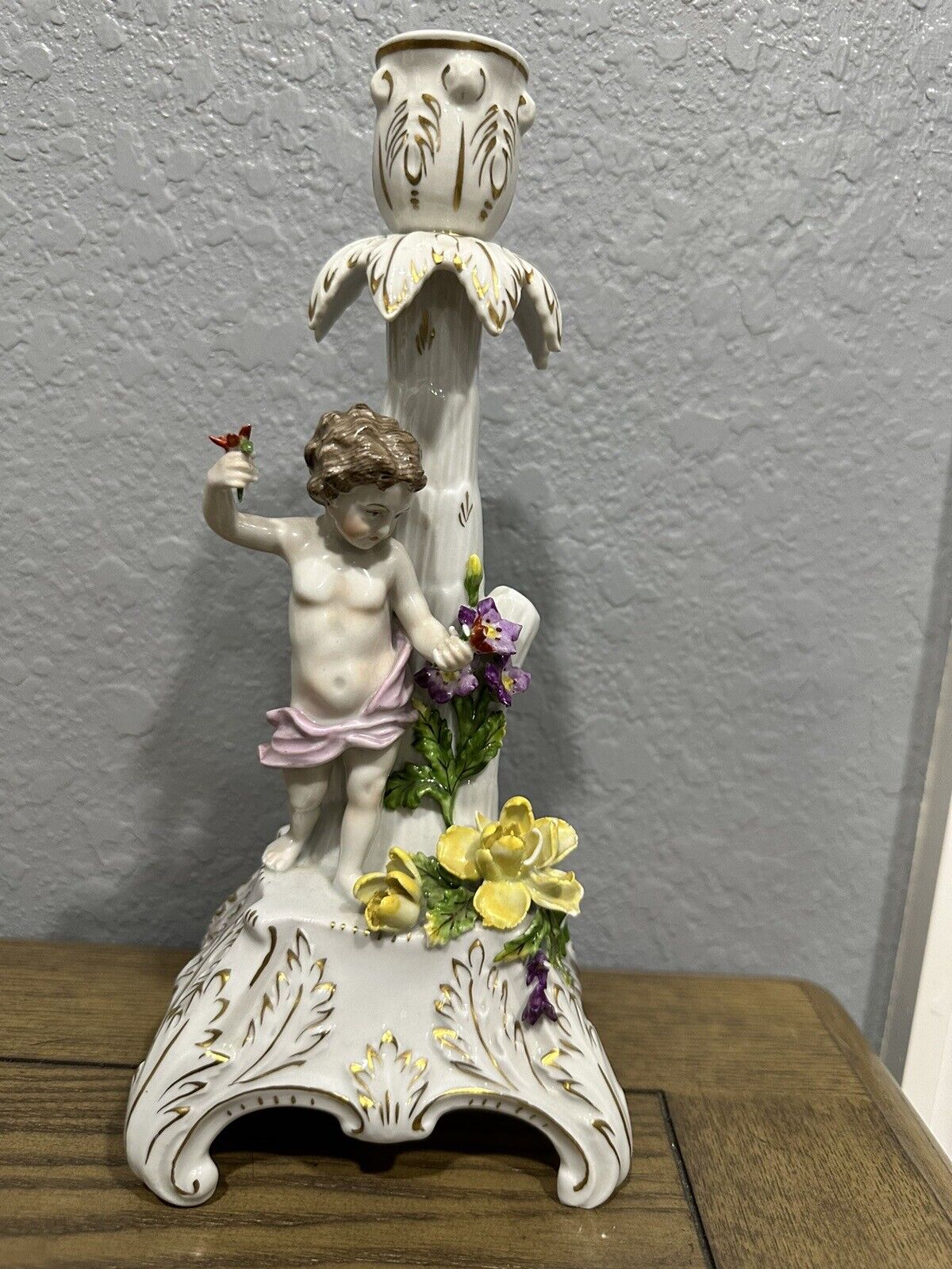 Antique Vintage Dresden Cherub Candle Stick Holder Putti Flowers Porcelain 10.5”