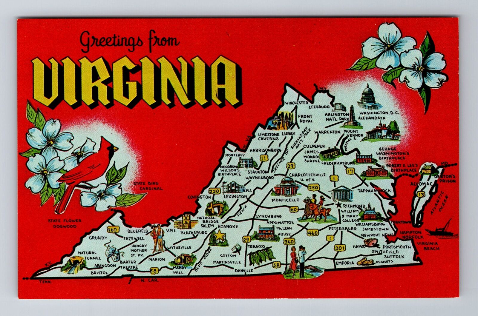 VA-Virginia, General Greeting, State Road Map, Landmarks, Vintage Postcard