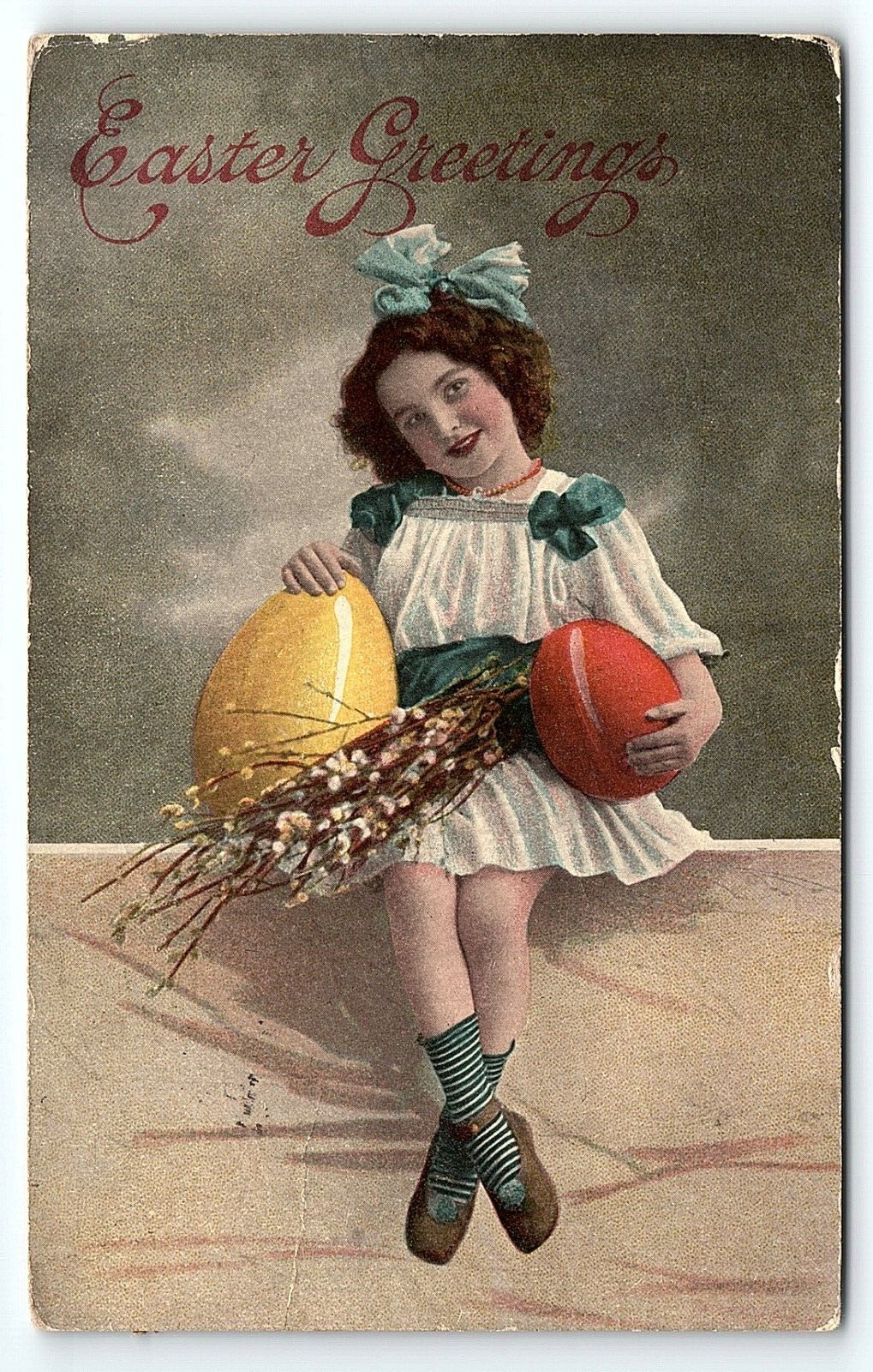 1913 EASTER GREETINGS YOUNG GIRL HAIR BOW HUGE EGGS WATERTOWN SD POSTCARD P2507