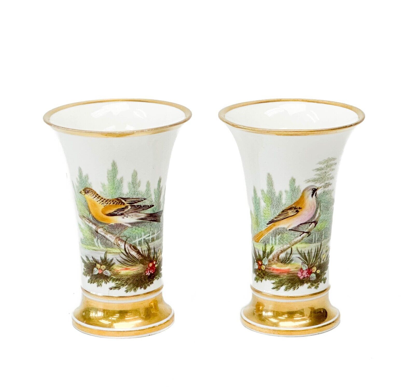 Pair Spode England Hand Painted Porcelain 4.5 inch Vases Birds c. 1815