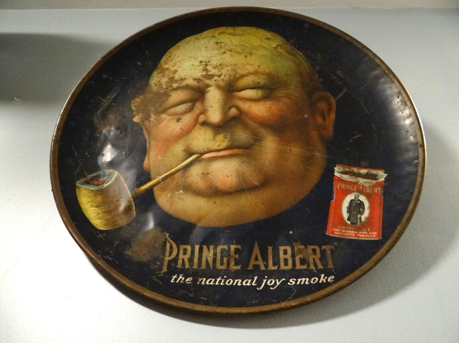c1910 Vtg Antique Prince Albert Round Tin Litho Saloon Charger Tobacco Shop Sign