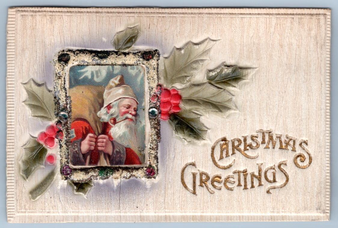 1910's SANTA CLAUS CHRISTMAS AIRBRUSHED VERY THICK EMBOSSED MICA TRIM POSTCARD