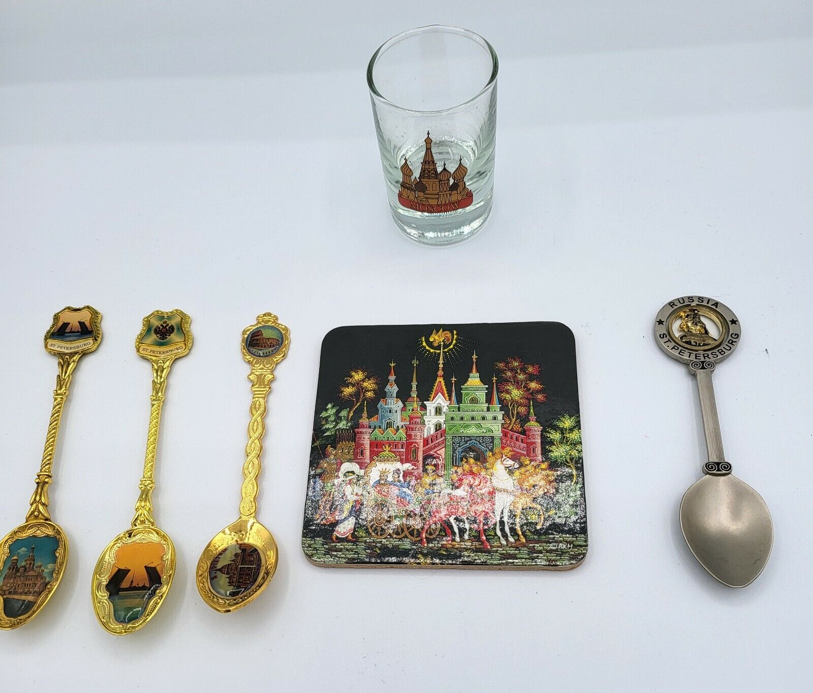 Authentic Moscow Russia Shot Glass Russia Coaster & 4 St Petersburg Spoons
