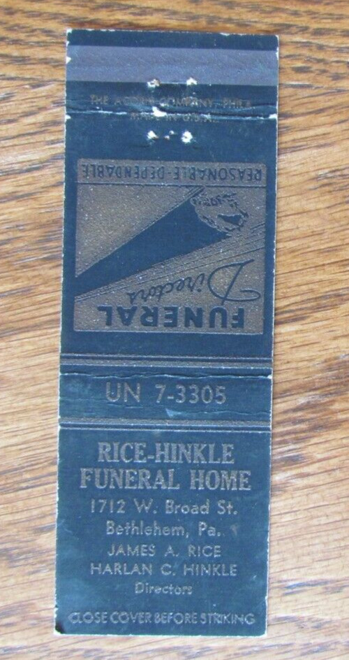 RICE-HINKLE FUNERAL HOME MATCHBOOK COVER: BETHLEHEM, PA EMPTY MATCHCOVER -C10