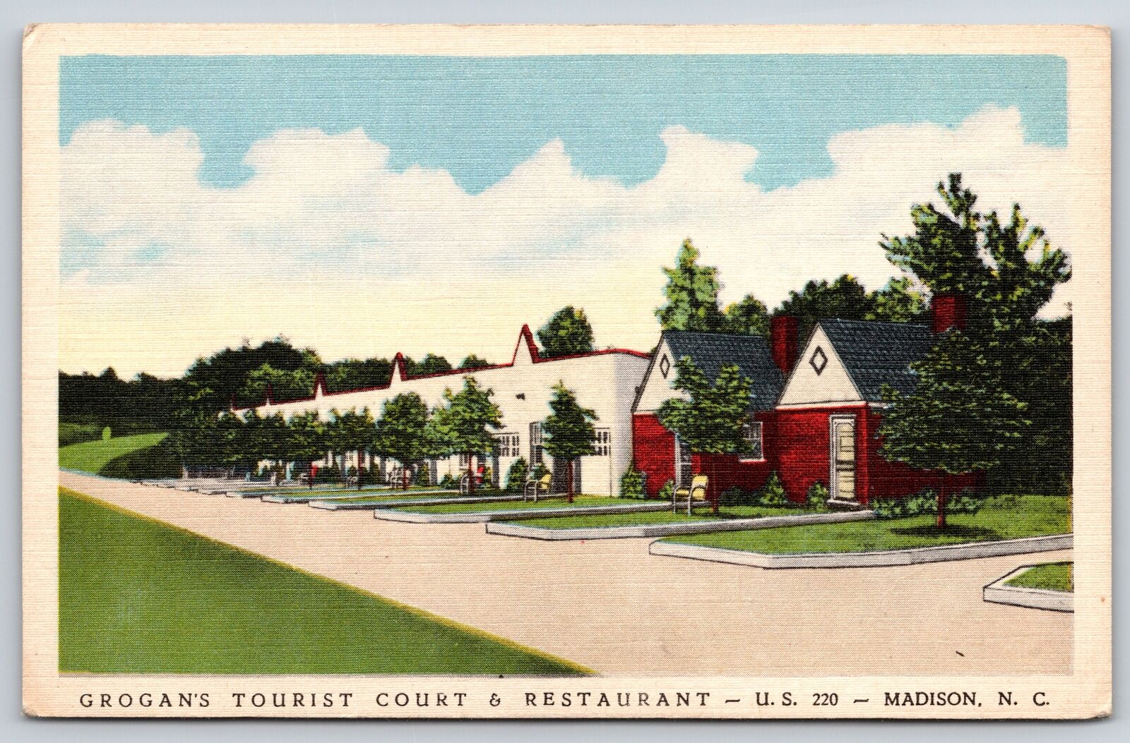 Roadside Motel~Grogans Tourist Court & Restaurant~Madison NC~Vtg Linen Postcard