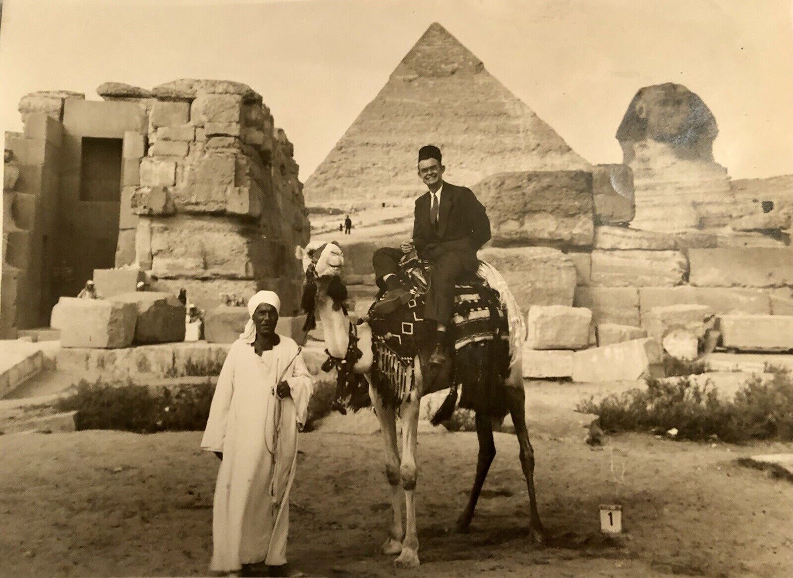 Vintage Photo Sphinx Pyramid Giza Camel Bedouin with Tourist NOT a Repro 9x7”