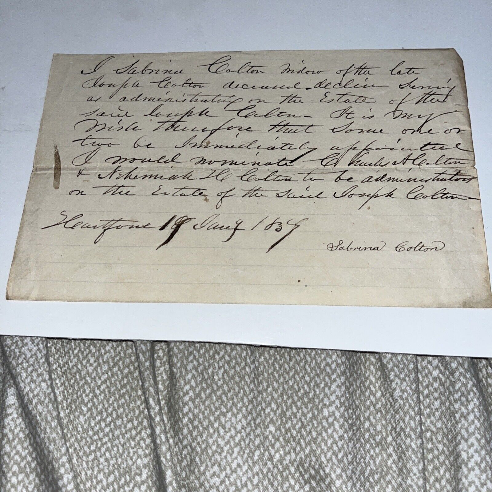 1837 West Hartford CT Probate Document: Sabrina & Joseph Colton Genealogy