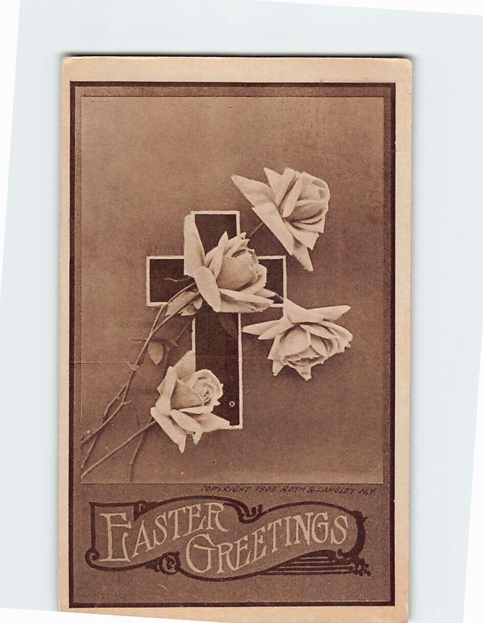 Postcard Easter Greetings with Roses Cross Easter Art Print