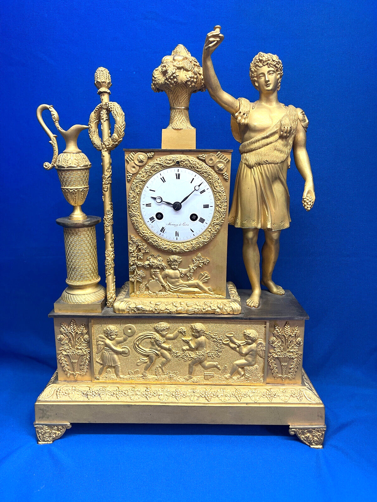 Antique 1835 French Ormolu Figural Bacchus Toasting Silk Thread Mantel Clock