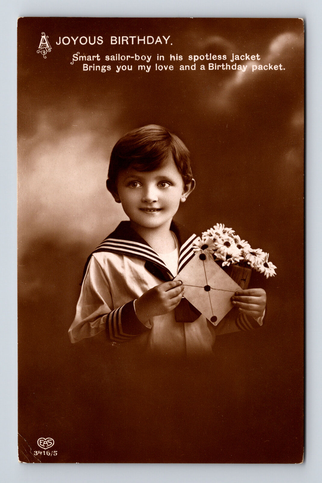 RPPC EAS Studio Portrait of Young Birthday Boy Sailor\'s Uniform Flowers Postcard