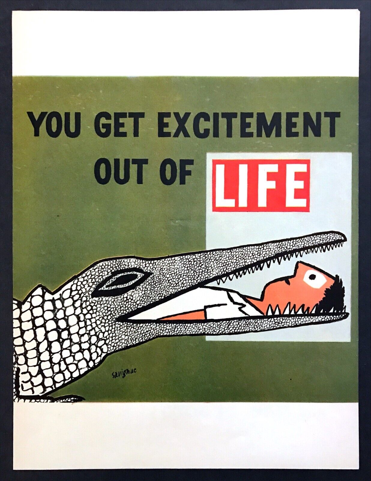 1955 Raymond Savignac Man in Mouth of Aligator art Life Magazine promo print ad