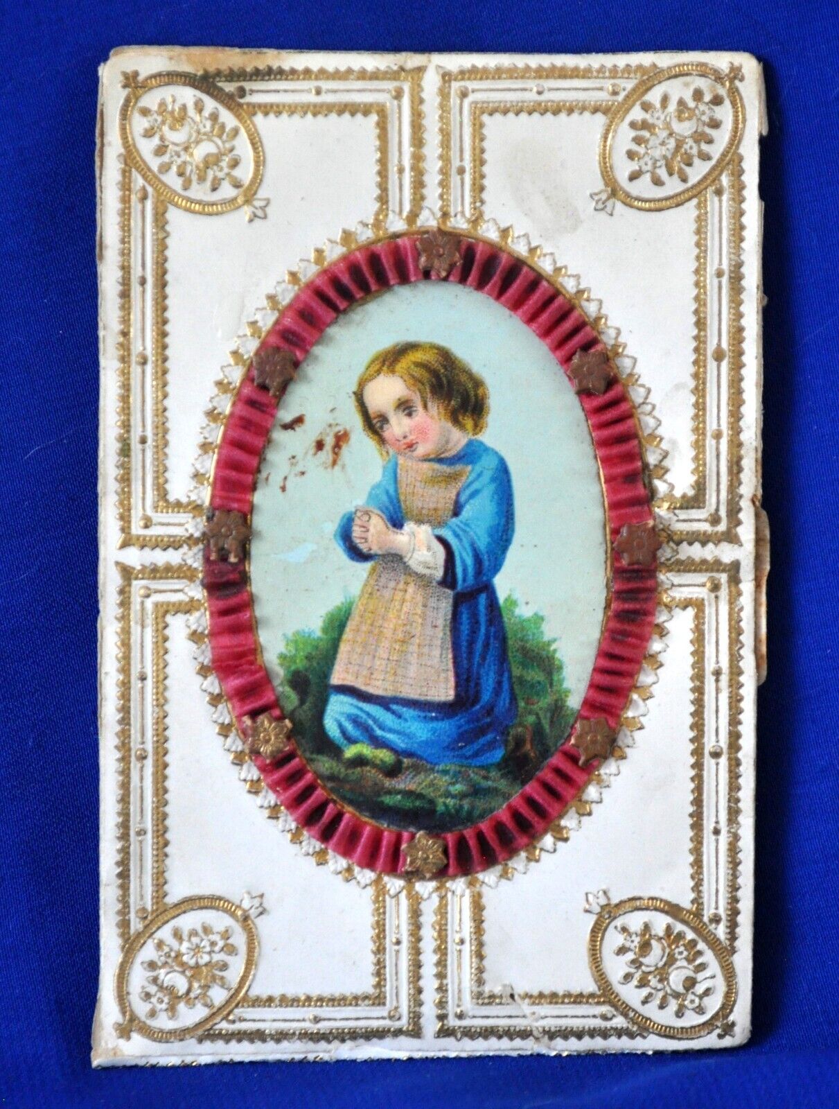 ANTIQUE 1875 CATHOLIC RELIGIOUS HOLY CARD W LETTER CHROMO LITHO, HAND DECORATED