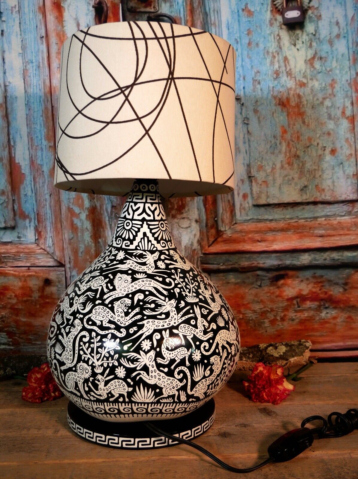 Lamp Lacquer Deer Jaguars Naguales & Rabbits Handmade Olinalá Mexican Folk Art