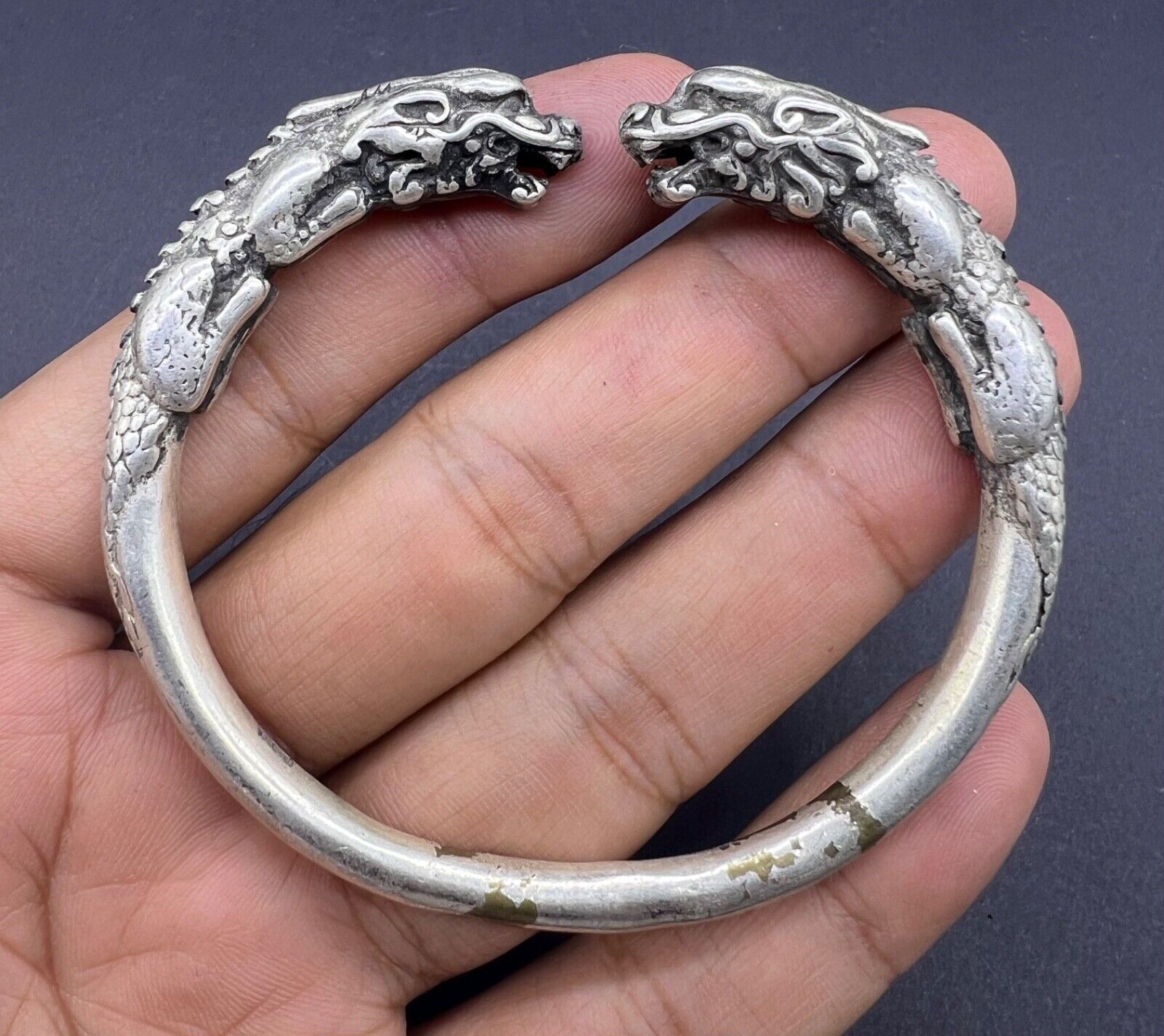 Rare Beautiful Old Viking Sliver Ancient Bangle With 2 Dragon Heads On Sides