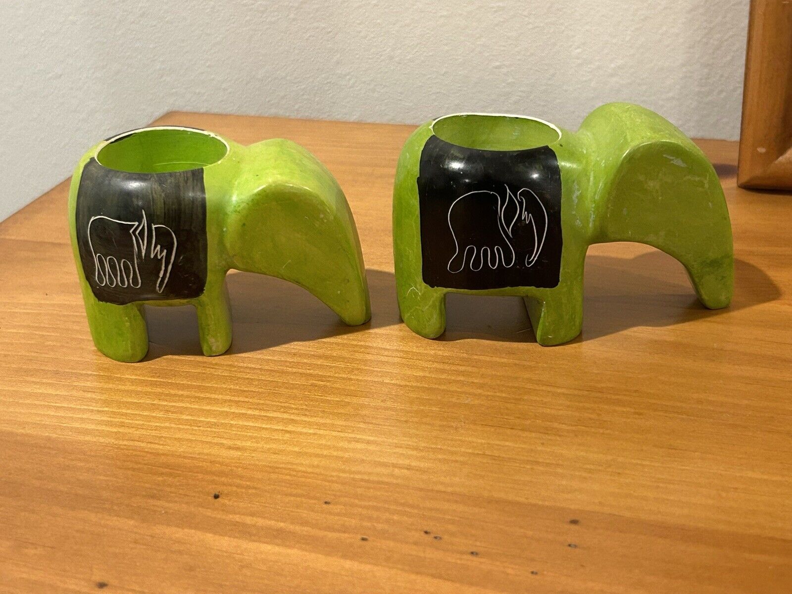 Pair Of Green Stone Elephant Candle Holders
