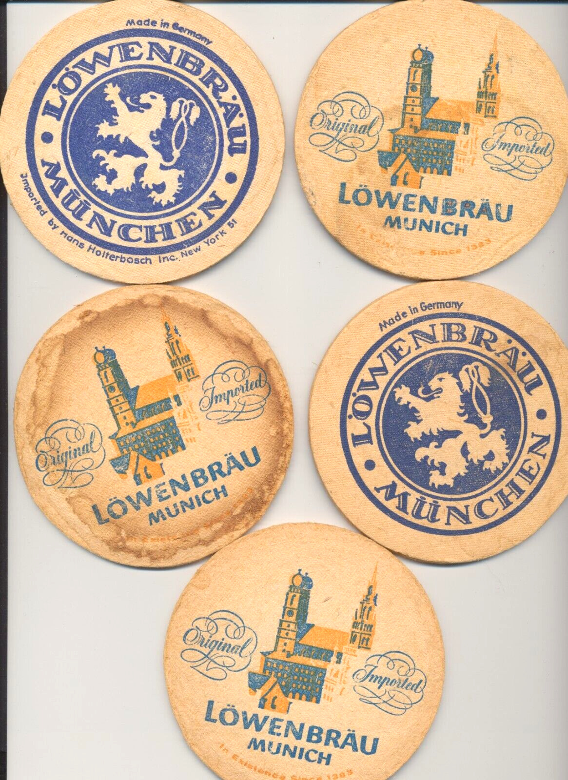 Vintage Lowenbrau German Beer - 5 Thick Double-Sided Cardboard Bar Mat Coasters