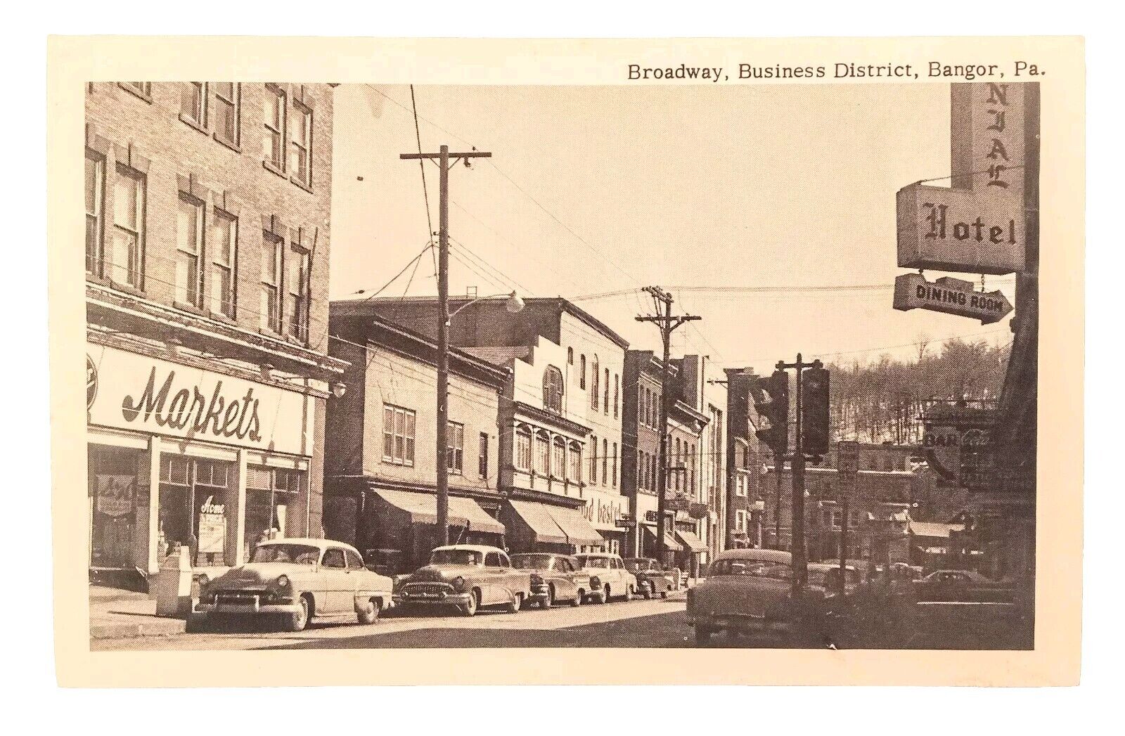 Broadway, Business District BANGOR PA 1950s Postcard Acme Store Hotel