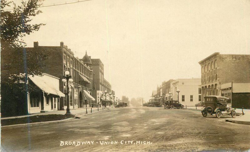 Michigan Union City Broadway automobiles 1926 RPPC Photo Postcard 22-4551