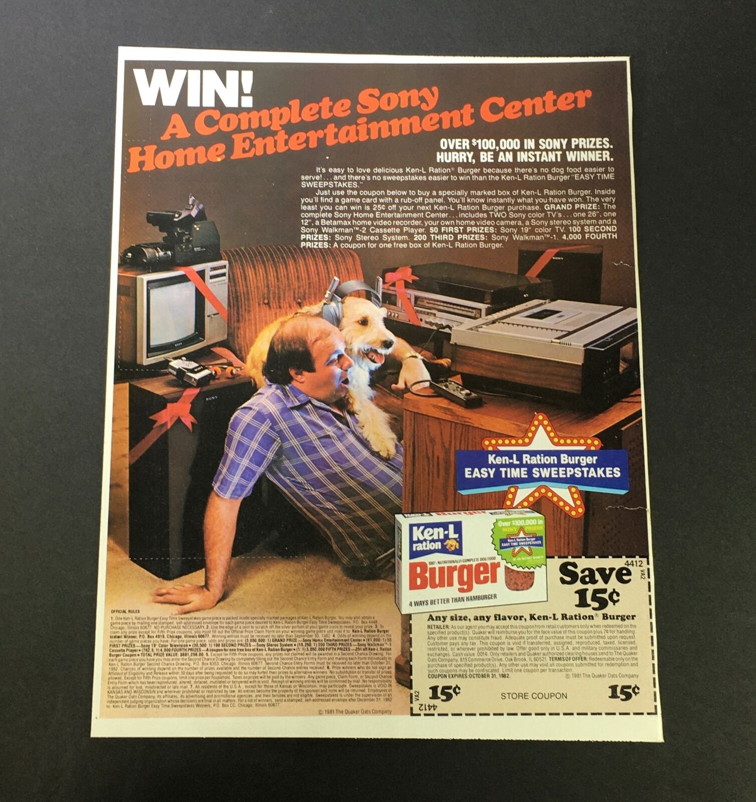 VTG 1982 Ken-L Ration Complete Dog Food Burger Win Sony Entertainment Ad Coupon