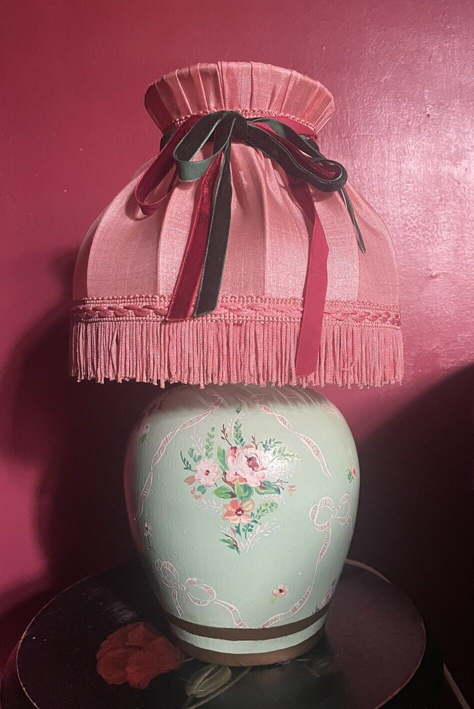 Vintage French Handpainted Lamp Roses & Swags