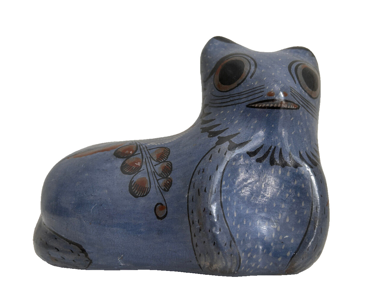 Vintage Tonala Folk Art Cat Ceramic Mexico Signed Hand Painted Gray-Blue