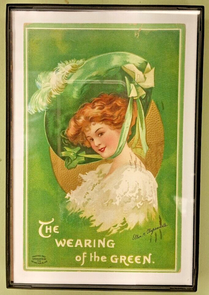 Framed Postcard St Patricks Day Wearing Of the Green Woman Big Hat Clapsaddle