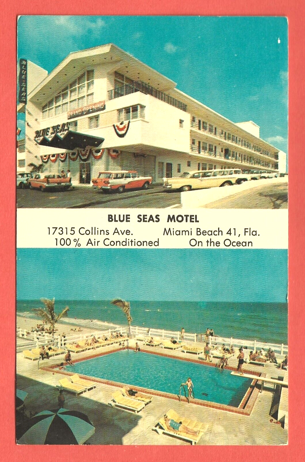 BLUE SEAS RESORT MOTEL, MIAMI BEACH, FLA. – Swimming Pool - 1959 Postcard