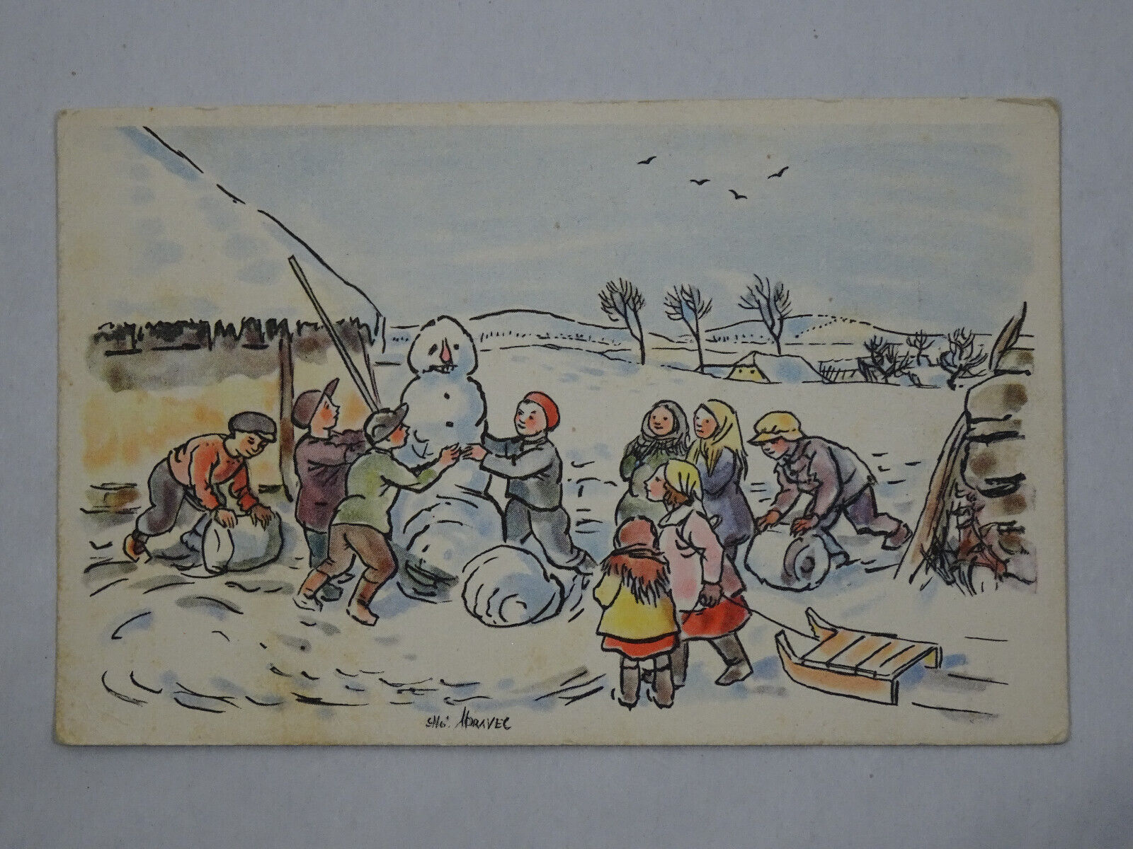 1951 Czechoslovakian Postcard Merry Christmas Snowman & Children Praha