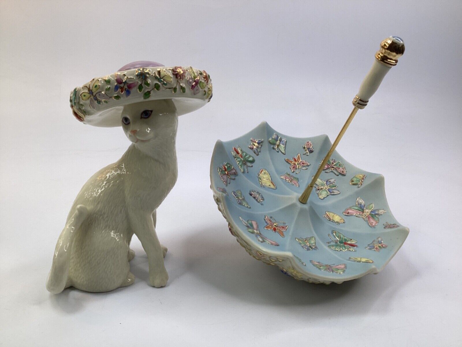 6” Lenox Porcelain Cat Figurine With hat, Umbrella (K4)