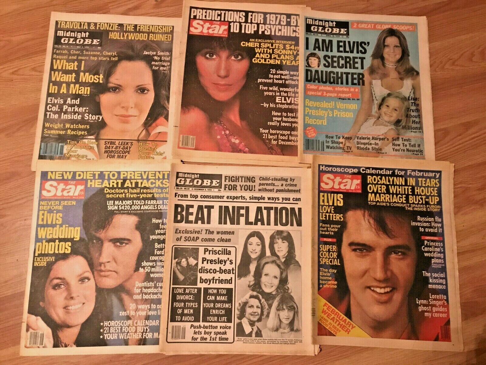 1978 Lot 6 Tabloids, Globe, Star: ELVIS, Bianca Jagger, Loretta Lynn,Cher,Jaclyn