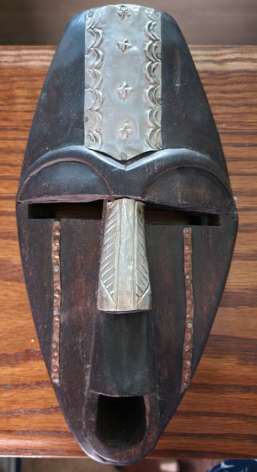 Vintage Carved African Tribal Mask Wood Metal Overlays, 12\