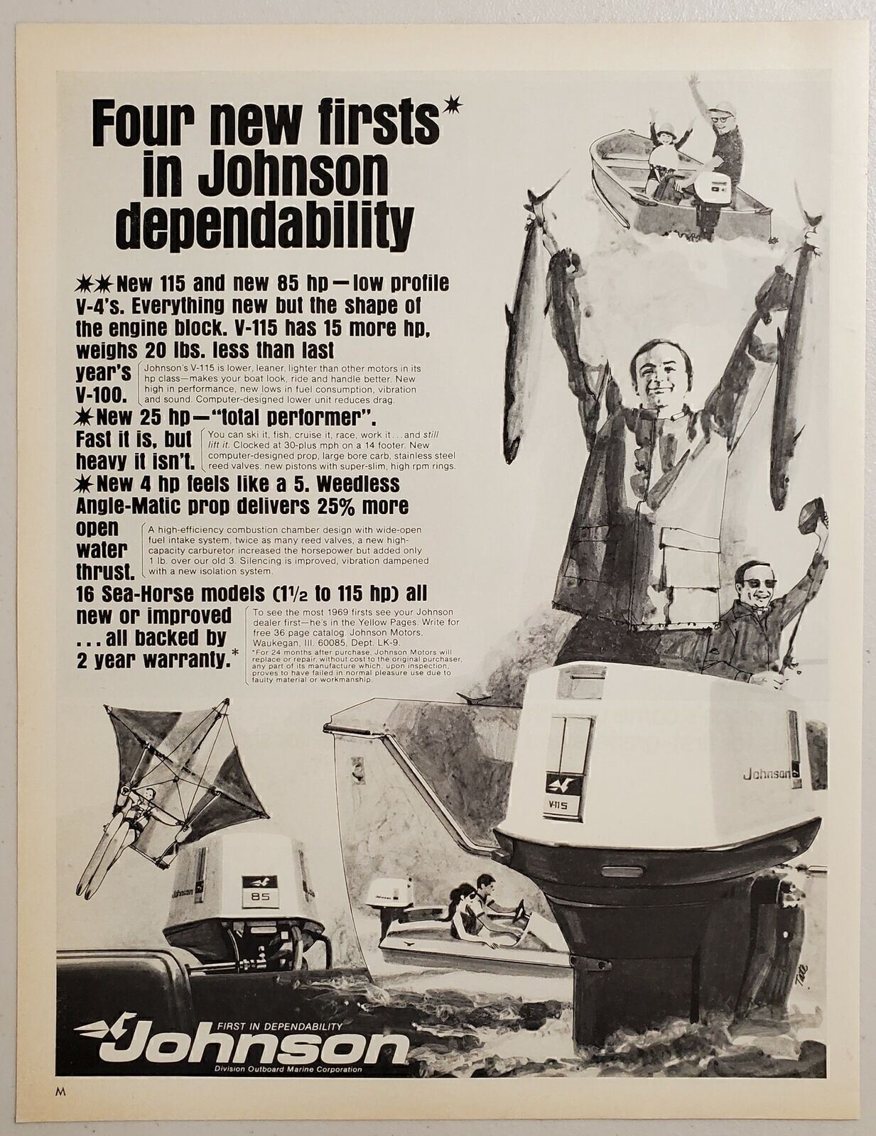 1969 Print Ad Johnson V-115 & 85-HP Outboard Motors Fishermen With Huge Fish