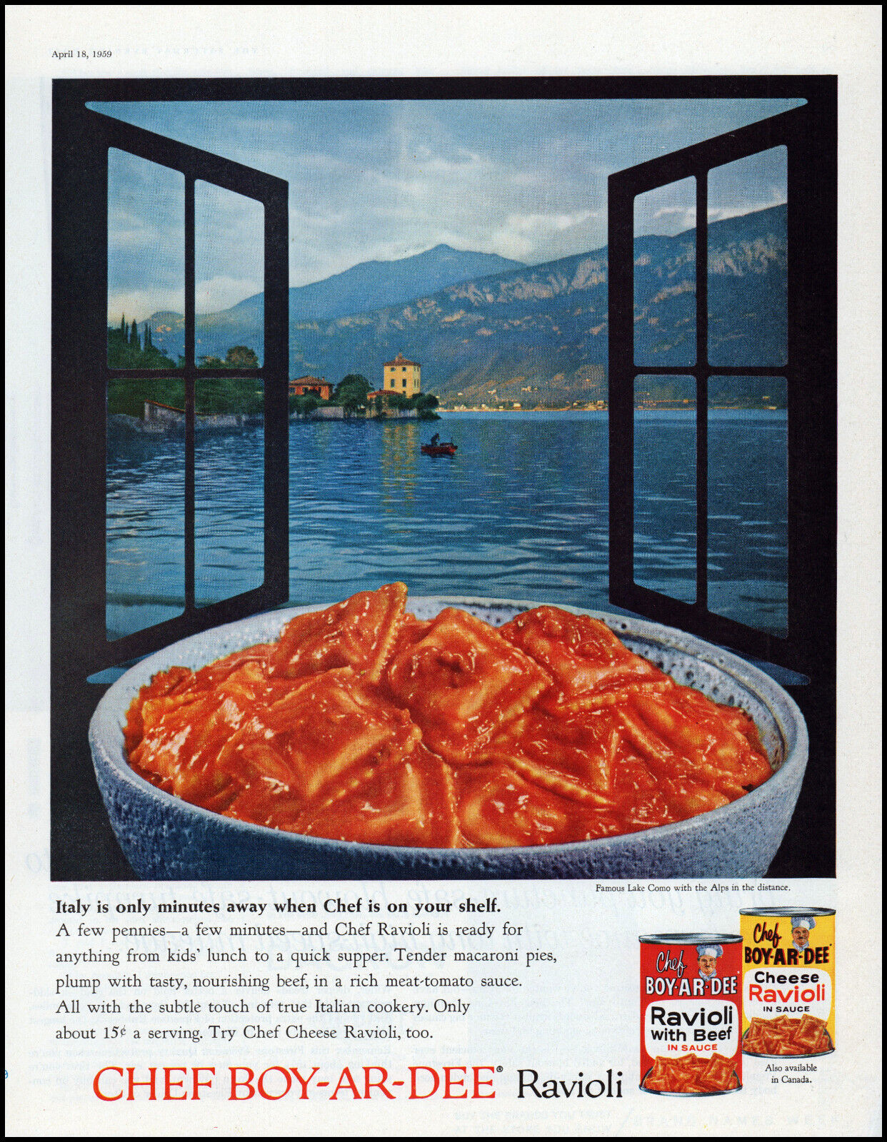 1959 Lake Como Italy The Alps Chef Boy-Ar-Dee Ravioli retro photo print ad LA37