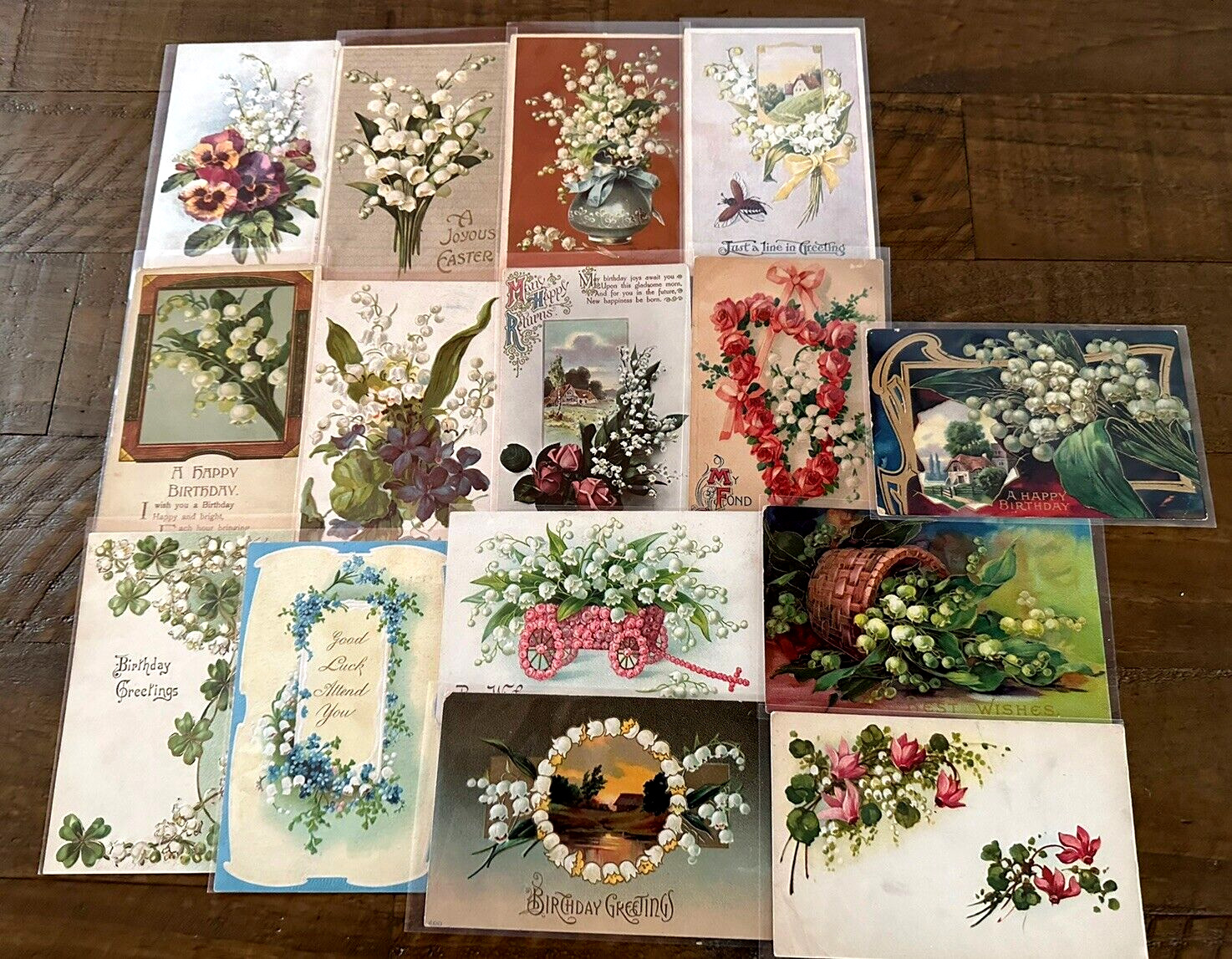 Pretty Lot of 15 Antique Greetings Postcards w. Lily of the Valley Flowers-h892