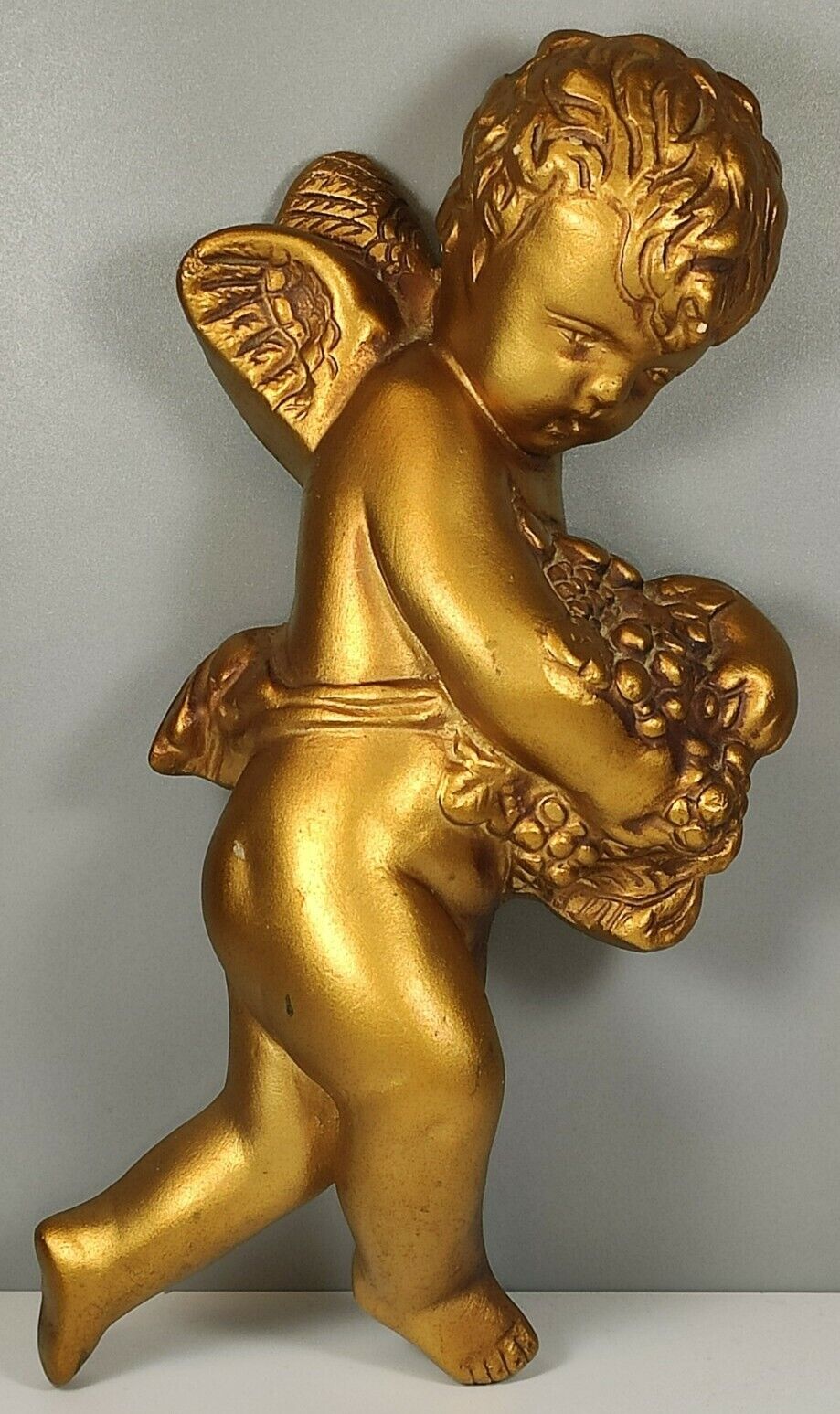 Vintage Large 7¼” Tall Gold Cherub Wall Hanging Winged Angelic Figure *Read*