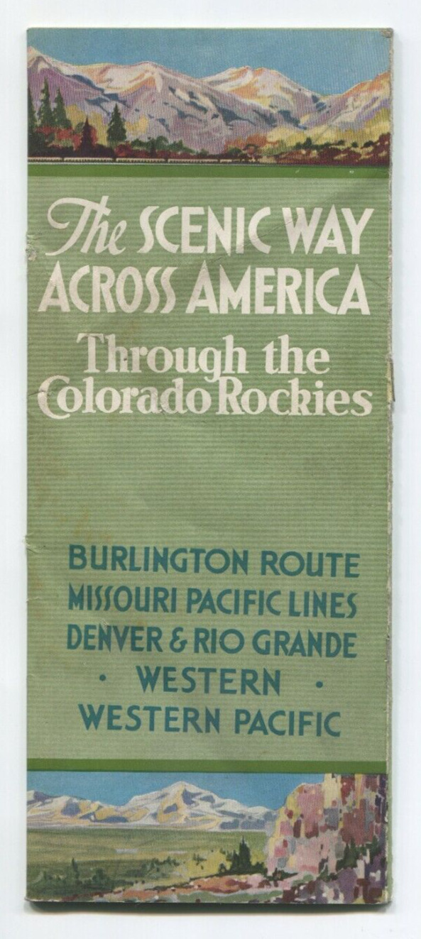 1930s Colorado Rockies The Scenic Way Across America Train Route Brochure Map P1