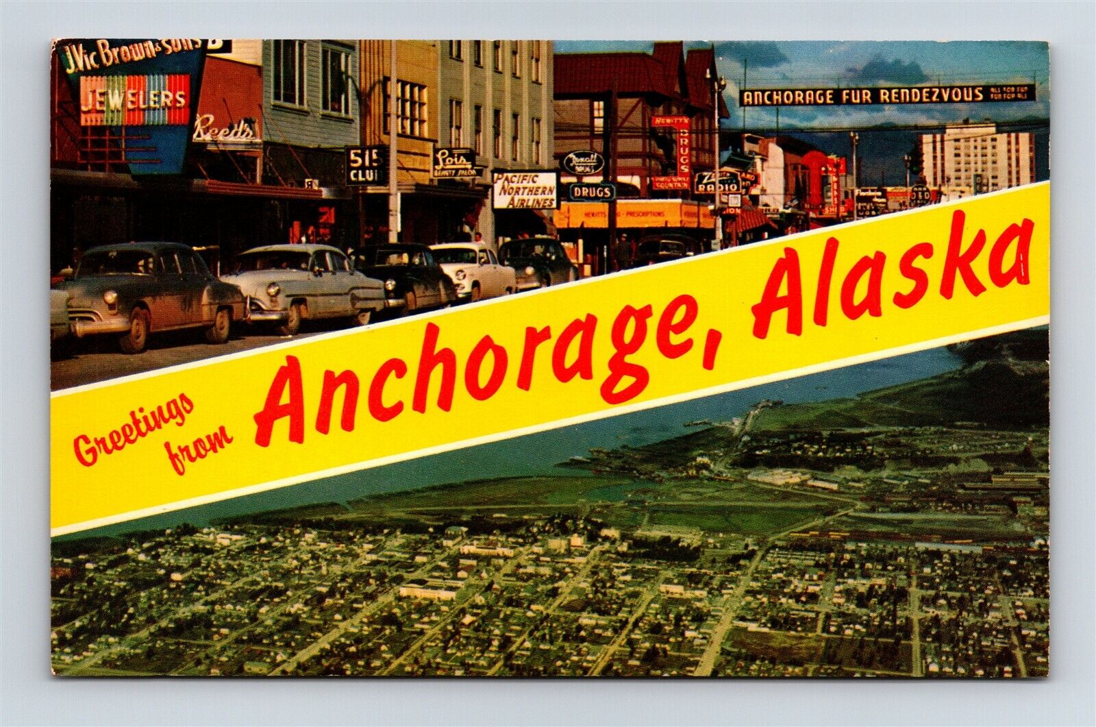 Postcard AK Dual View Banner Greetings Anchorage Alaska c1950s AL4