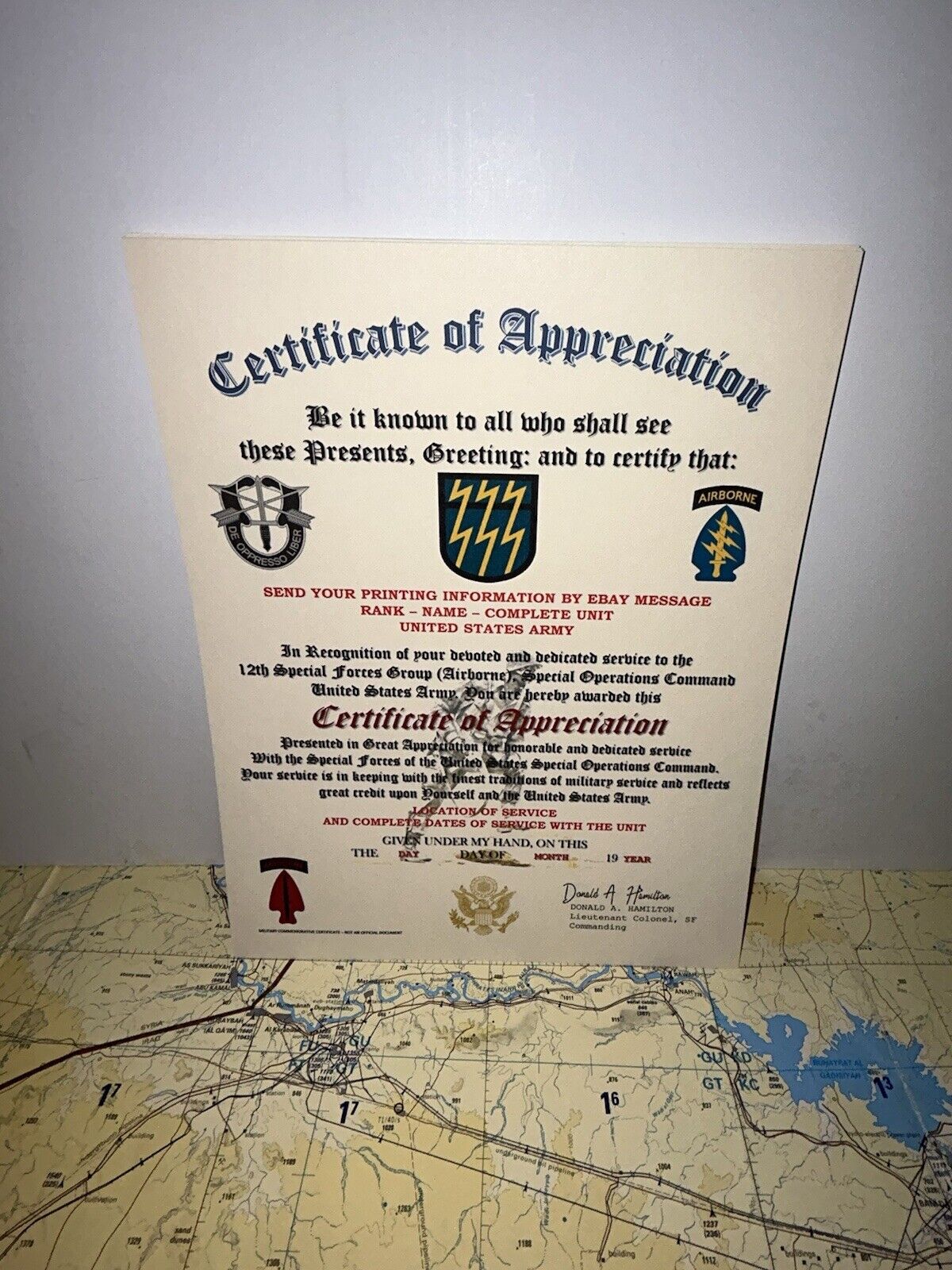 U.S. ARMY - 12TH SPECIAL FORCES GROUP (ABN) CERTIFICATE OF APPRECIATION