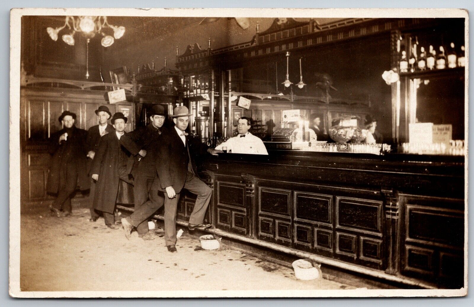 Blue Grass Bar? Billings MT? Men Bartender Saloon Interior Antique RPPC Postcard