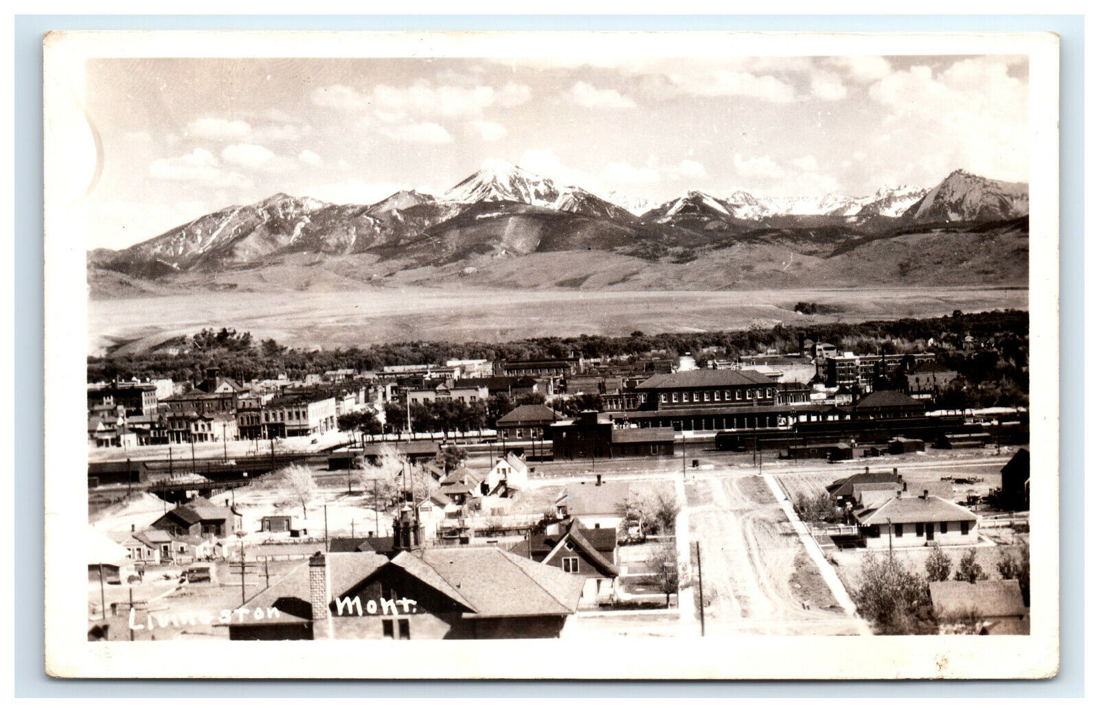 Postcard Livingston, Montana MT RR train depot mountains c1926-1940 RPPC H17