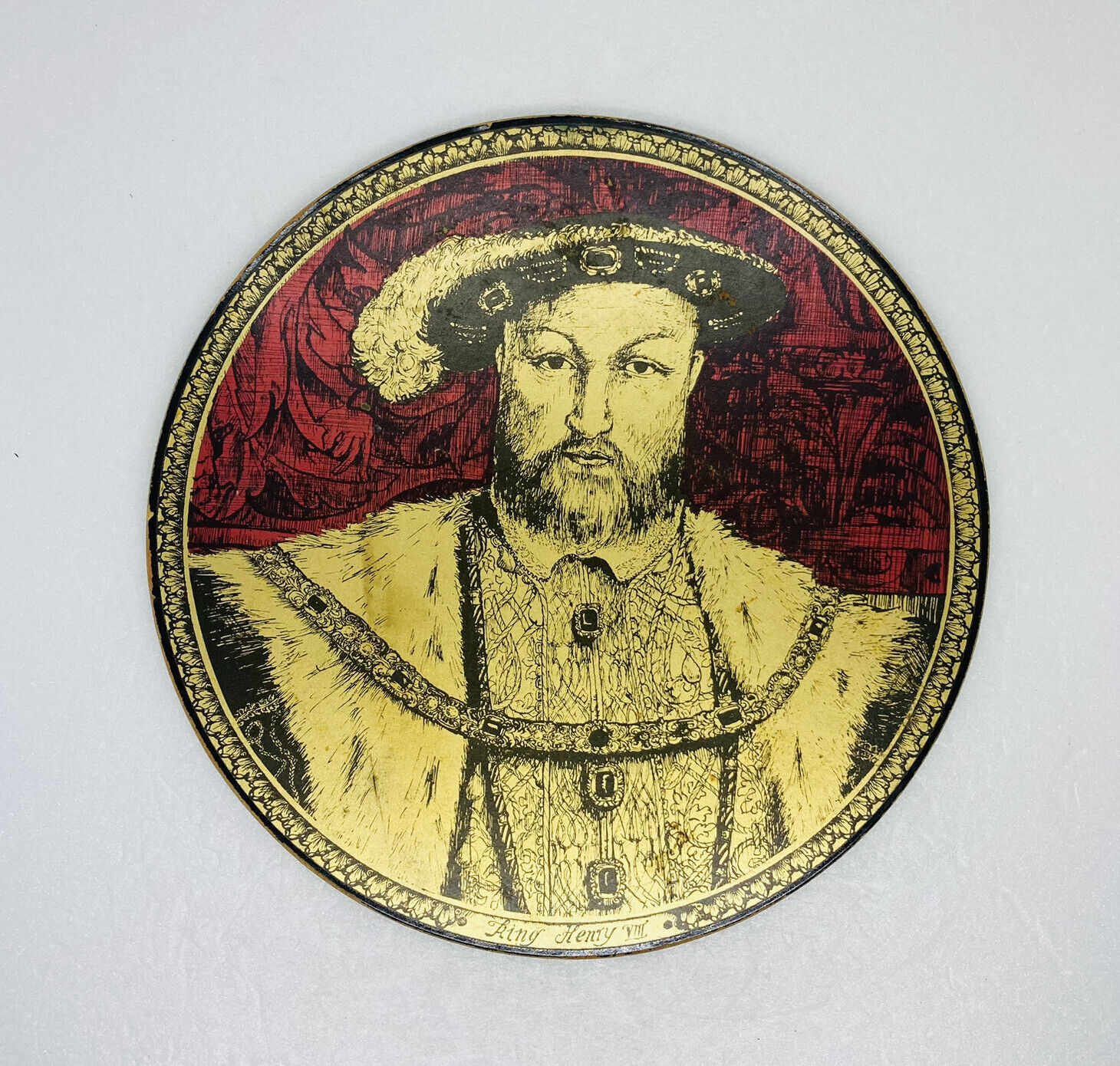 Vintage King Henry VIII Design Drinking Coaster Wood Cork Back 8.5” Decor BB