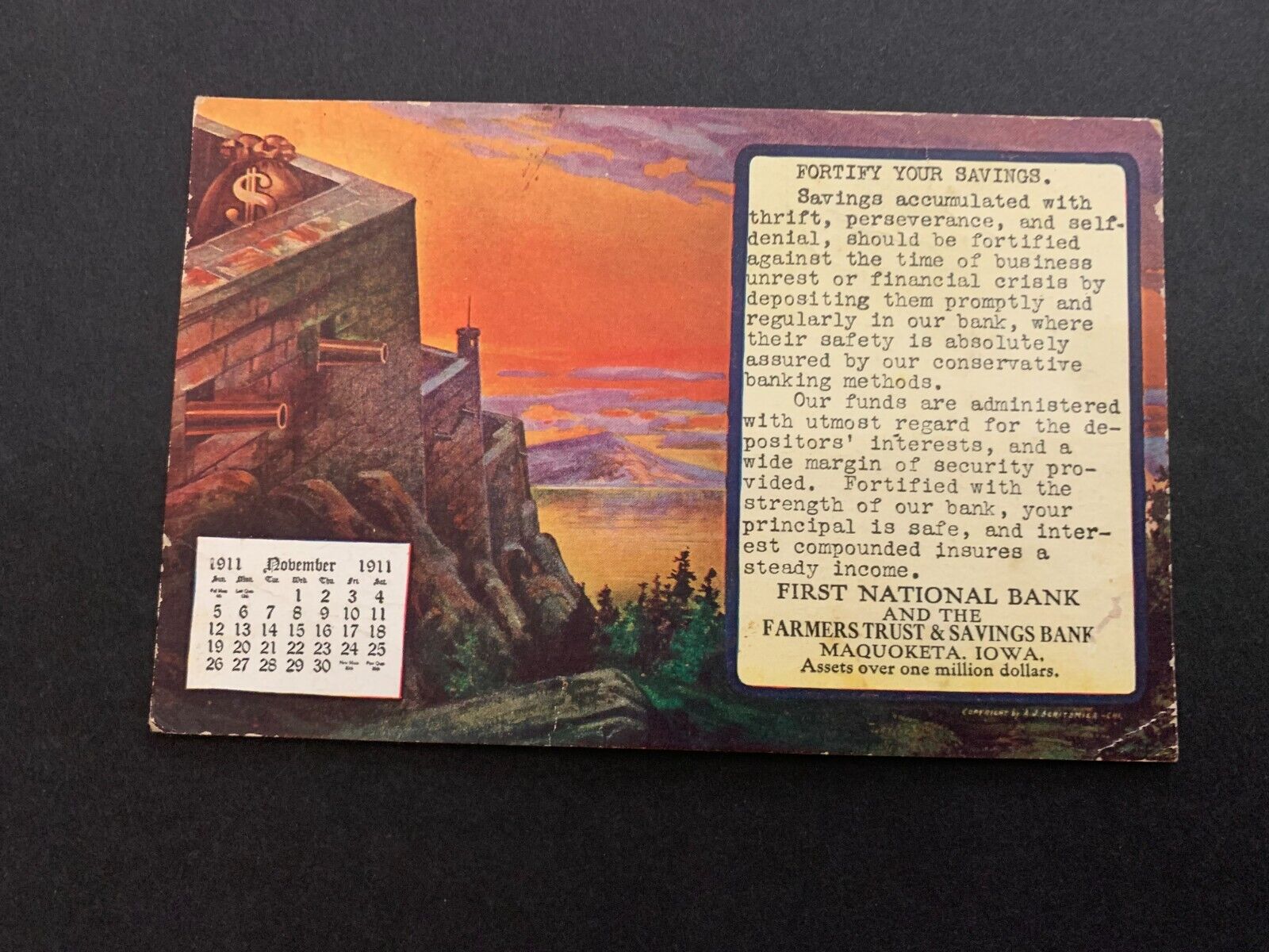November 1911 First National Bank Maquoketa Iowa Postcard Fortify Your Savings