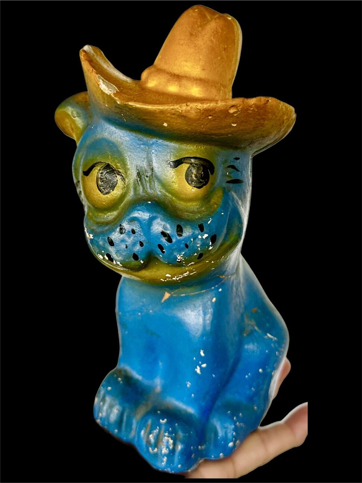 Vintage Carnival Chalk Ware Bonzo Dog Blue With Yellow Hat Chalkware
