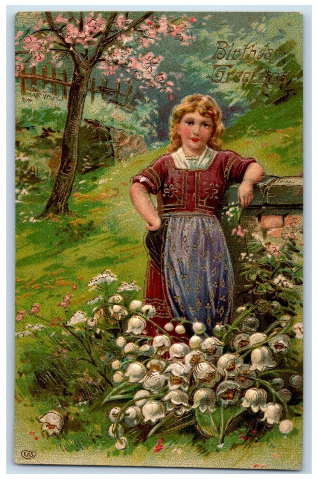 c1910's Birthday Greetings Pretty Girl White Flowers Embossed Antique Postcard