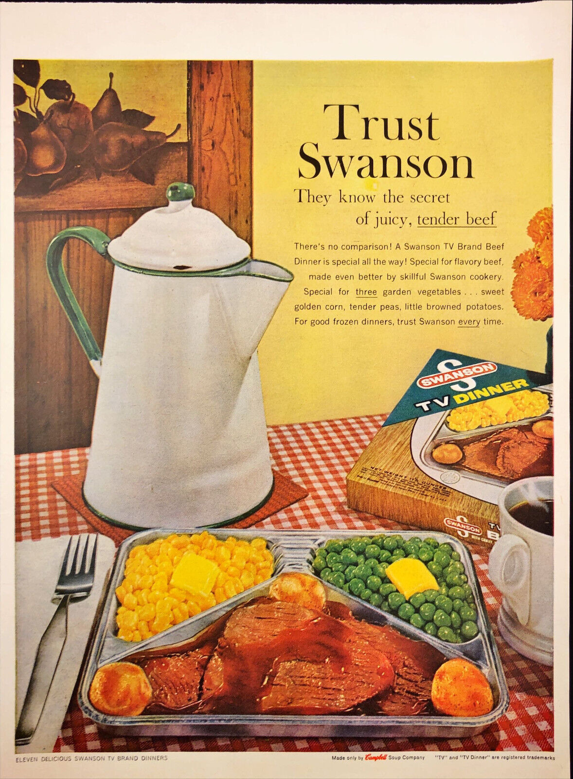 1960 Swanson Tender Beef TV Dinner Print Ad Checkered Kitchen Table Cloth Coffee